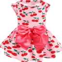 PUPTECK Print Dog Dress Pet Apparel with Cute Bowtie Puppy Clothes Outfit, Cherry, S