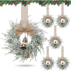 Civaner 6 Pcs Small Christmas Wreath Real Touch 10 Inch Christmas Kitchen Cabinet Wreaths with Bell Mini Wreaths Rustic Farmhouse Decoration for Xmas Front Door Window Home Table Pillar Decor