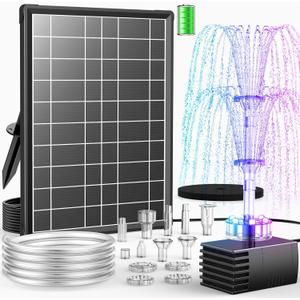Antfraer 8W Solar Fountain Pump Built-in 3600mAh Battery & LED Lights, Solar Powered Water Pump with Double-Layer Nozzle & 5ft Tubing, Solar Water Fountain For Bird Bath Pond Garden DIY Water Features