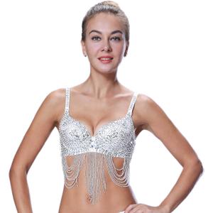 Seawhisper Tribal Glitter Sparkle Rhinestone Belly Dance Beaded Sequined Bra Top for Rave Cabaret Party Size 34/75 Silver)