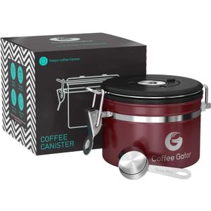 Coffee Gator Coffee Canister, Airtight Kitchen Food Storage Container with Date Tracker, Scoop for Sugar,Grounds Coffee, Bar Accessories, Beans,Tea, Sugar, Cereal, Flour, Cookies Jars (Red, 11oz)