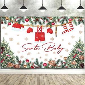 10X8ft Christmas Baby Shower Backdrop Santa Baby Christmas Party Decorations Photography Background Winter Newborn Xmas Tree Snowflake Baby Shower Decoration Cake Table Photo Booth Studio Props (Red02)