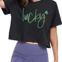 St Patricks Day Shirt Women Luck Shamrock Shirts Cute Saint Patricks Day Crop Top Irish Raglan Shirt (Black, S)