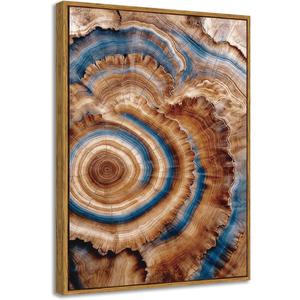 BingruiArt Framed Tree Ring Canvas Wall Art Abstract Wood Wall Decor Boho Modern Colorful Nature Painting Wood Stump Prints Pictures for Living Room Bedroom Bathroom Office 12"x16" Natural Framed(10)