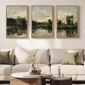 Framed Vintage Landscape Wall Art for Living Room, 3 Piece Rustic Lake Forest Canvas Artwork for Walls, Large Classic Nature Scenic Painting Prints for Bedroom Office Hallway Wall Decor, 20x30 Inch