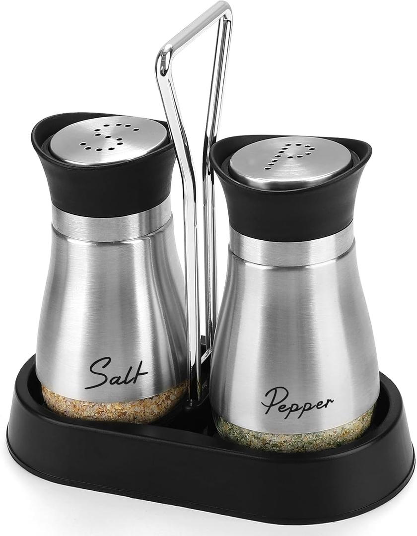 Accmor Salt and Pepper Shakers Set with Holder, 4 oz Stainless Steel Salt Pepper Shaker Containers with Glass Bottom for Kitchen Cooking, BBQ, Bar, Table, RV, Camp