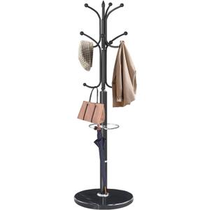 Modern Coat Rack Stand, Metal Freestanding Coat Rack with Natural Marble Base, Heavy-Duty Coat Racks with Umbrella Holder, Black Coat Hanger Stand with 12 Hooks for Office, Entryway, Hallway