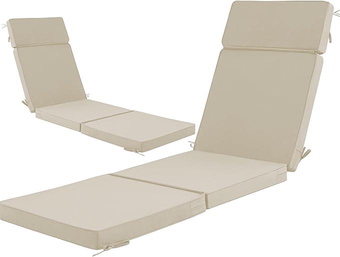 72 x 21 Inch Outdoor Chaise Lounge Cushions Set of 2 - Removable Cover, 4-Section Design, Water-Repellent & Fade-Resistant, 6 Tie Straps, Replacement for Patio & Pool Chairs - Cream