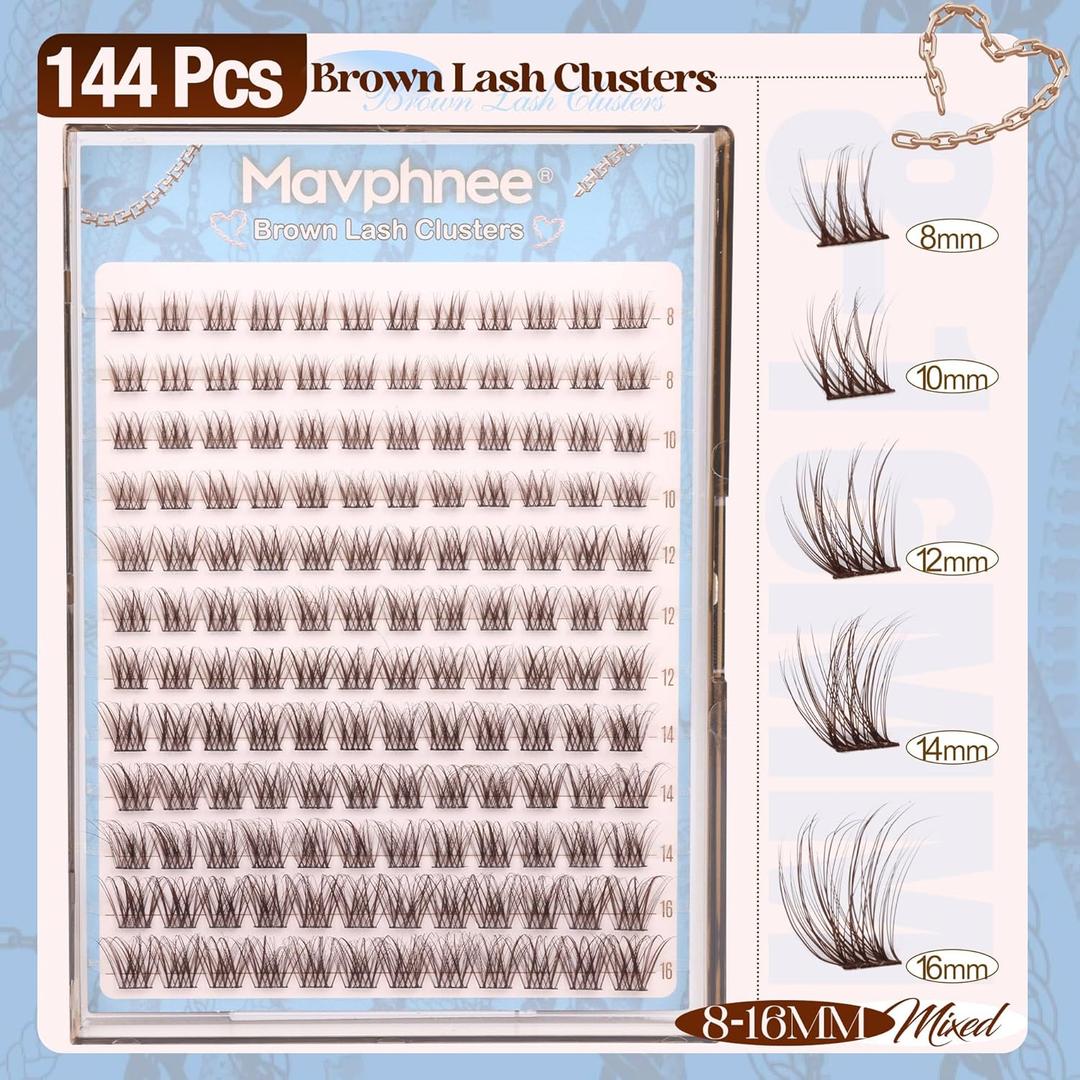 Mavphnee Brown Lash Clusters Kit Natural Eyelash Clusters Dark Brown Eyelash Extensions CCCurly Pestañas Postizas Wispy Individual Lash Extensions Kit 816MM Brown Cluster Lashes 144PCS DIY Lash Kit