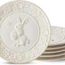 Metahom Easter Salad Plates, 8 Inch Ceramic Bunny Plate Set, Floral Dessert Dishes, Small Dinner Plates, Dishwasher & Microwave Safe, Set of 6, Cream White