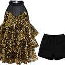 ODASDO Girls Sparkle Sequins Dance Outfit Latin Hip Hop Jazz Dancewear Halter Neck Sleeveless Top Dress with Shorts Set (M)