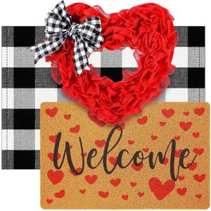 Timgle 3 Pcs Valentine's Day Doormat Sets with Red Heart Door Mat Checked Floor Mat and Bows Heart Wreath Rubber Non Slip Backing Rug Washable Doormat for Valentine's Party Decor