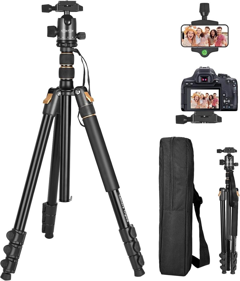 76.38 Camera Tripod Fits DSLR/Mirrorless/Phone, 11lb Load, Quick Release, Aluminum Legs, 18.5 to 76.38 Adjustable, 3.7lbs Lightweight for Travel/Live Stream/Vlog/Photography, Black