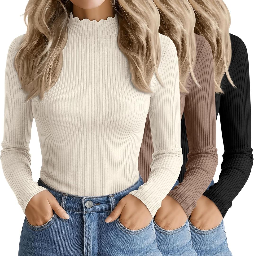 3 Pack Women's Cotton Long Sleeve Mock Turtleneck Tops Ribbed Lettuce Trim Slim Fit Shirts Thermal Base Layer (Black, Khaki, Cream), Size S