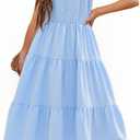 RETSUGO Girls Dresses Summer Flutter Sleeve Swing Casual Solid Color Tiered Smocked Dress 6-14 Years Old (12-13 Years, Baby Blue)