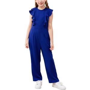 GORLYA Girls Ruffle Trim Flutter Sleeve Casual Jumpsuit Outfits Straight Wide Leg Long Pant Jumper Rompers 4-14T (8 Years, Blue)
