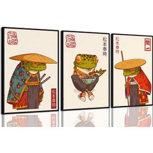 3Pcs Vintage Japanese Frog Wall Art Cute Funny Japan Samurai Frog Posters Prints Japanese Matsumoto Hoji Painting Pictures Eclectic Animal Canvas Wall Decor Unframed (green, 16x24 Unframed)