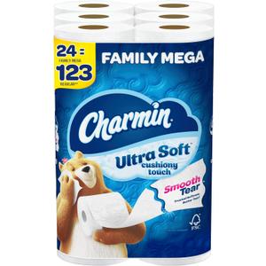 Charmin Ultra Soft Cushiony Touch Toilet Paper, 24 Family Mega Rolls = 123 Regular Rolls (288 sheet (Pack of 24))