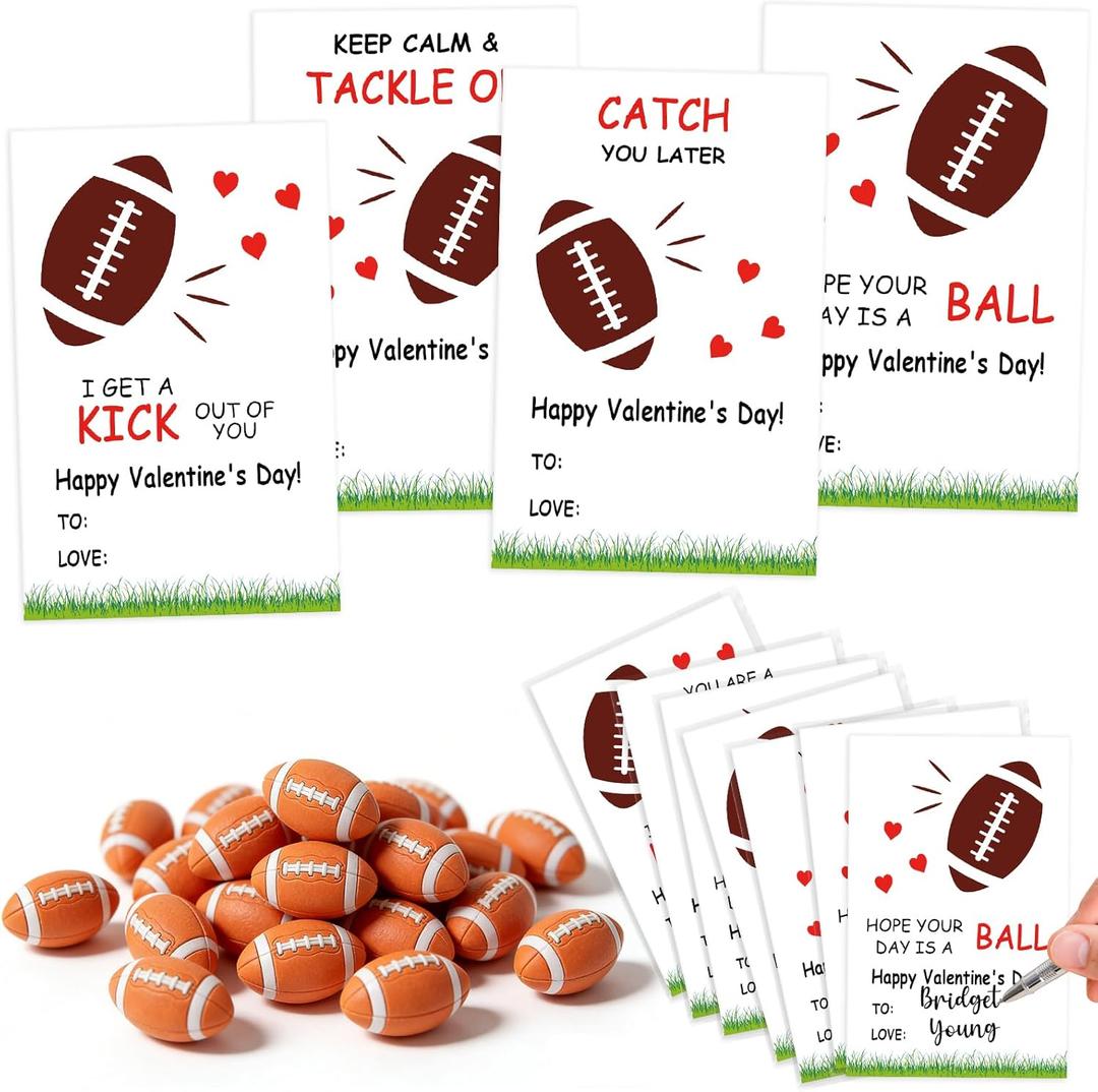 24 Set Sports Valentines Day Cards and Erasers for Kids, Football Valentines Day Cards and Erasers Bulk Gifts for Kids School, Classroom Exchange, Party Favors for Boys (Football Cards and Erasers)