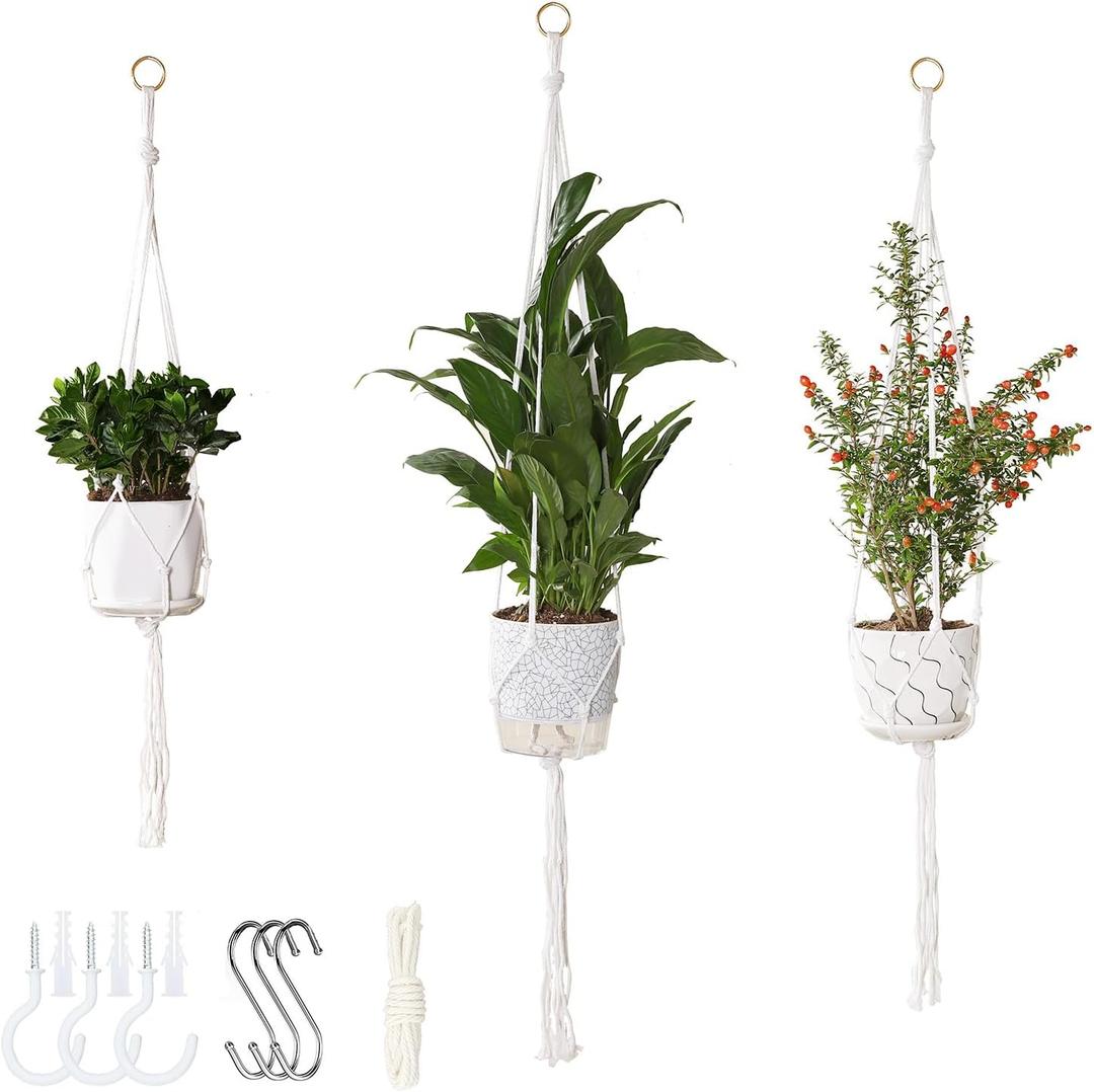3 Pack Macrame Plant Hanger Indoor, 35 41 47 Inch Handmade Boho Hanging Planter Basket with Screw Hooks S-Hooks and Extension Rope for Indoor Plants Home Decor (POTS NOT Included) (White)