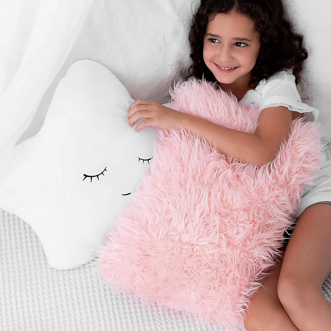 Perfectto Design Set of 2 Decorative Pillows, Toddler Room. Star Fluffy White Embroidered and Furry Pink Faux Fur Soft and Plush Girls Pillows  Throw Pillows for Kids Bedroom Dcor