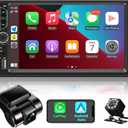 Double Din Car Stereo with Dash Cam,Compatible with Apple Carplay,Android Auto,7 inch Touch Screen Car Radio Receiver with Bluetooth, Mirror Link, Backup Camera, Navigation, FM, USB/TF/AUX