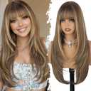 XIXIBI Wig with Bangs for Women Brown Blonde Highlight Straight Face-Framing Layers Hairstyle 4x4 Realistic Scalp Glueless Synthetic Wigs 26Inches for Daily Party Use