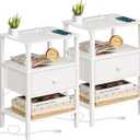 Lerliuo Nightstand Set of 2 with Charging Station and USB Ports, 3-Tier Storage End Table with Drawer Shelf, Night Stand for Small Spaces, Wood Bedside Table for Living Room, Bedroom - Elegant White
