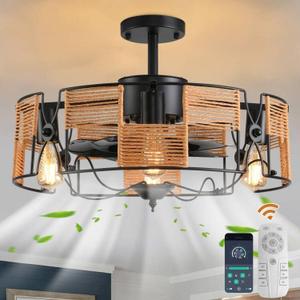 Garwarm 19.6in Caged Ceiling Fan with Light,Boho Rattan Flush Mount Ceiling Fan,Fandelier Ceiling Fan with Remote,Farmhouse Fan Lights Ceiling Fixtures for Kitchen, Bedroom6 Speed, Timing-Black