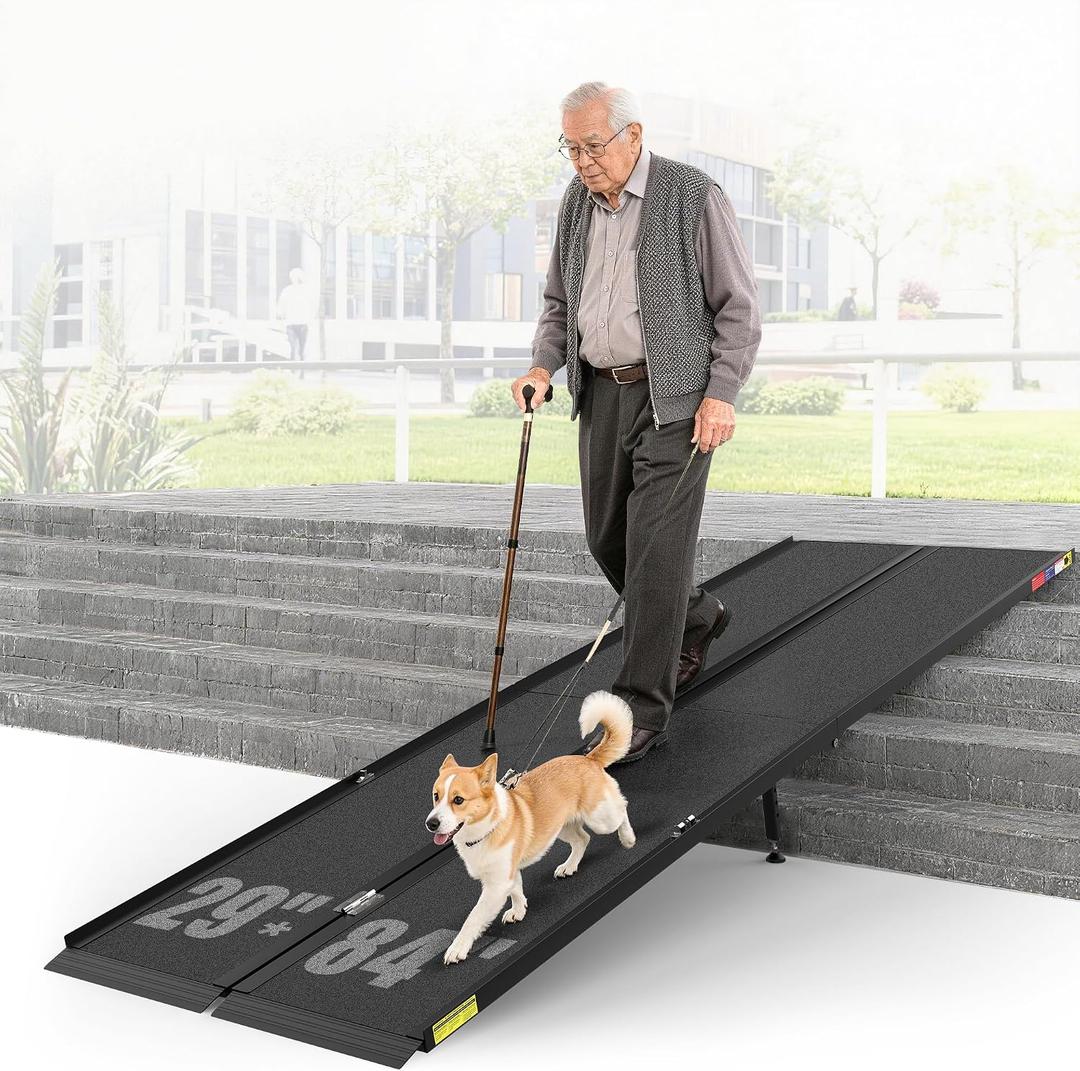 7 Feet Portable Wheelchair Ramp with Sopport Legsk, Black Seamless Non-Slip Aluminum Folding Handicap Ramp,Threshold Ramp for Doorways, Wheel Chair Ramp for Home Steps