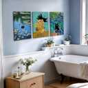 3 Pcs Funny Black Cat Canvas Wall Art Cat in Water Lilies Painting Picture Wall Decor Garden Flowers Black Cat Aesthetic Poster Print Artwork for Room Bedroom Living Room Bathroom Home Decoration (24L" x 16W")