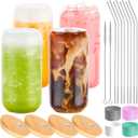 4 Pack Glass Cups Set 16oz Drinking Glasses with Bamboo Lids and Straws Beer Glass Tumbler for Mojito Soda Smoothies Whiskey Iced Coffee Cocktail Tea Juice