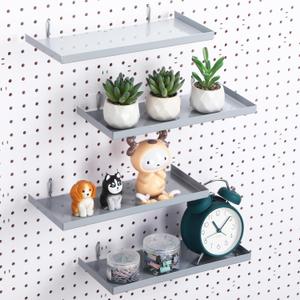 Lineshading 4 Pcs Pegboard Shelves, 12 x 5 Inch Metal Shelf Brackets Pegboard Tray Accessories Wall Organizer for Craft Room Home Garage Nursery Workbench Kitchen (Gray)