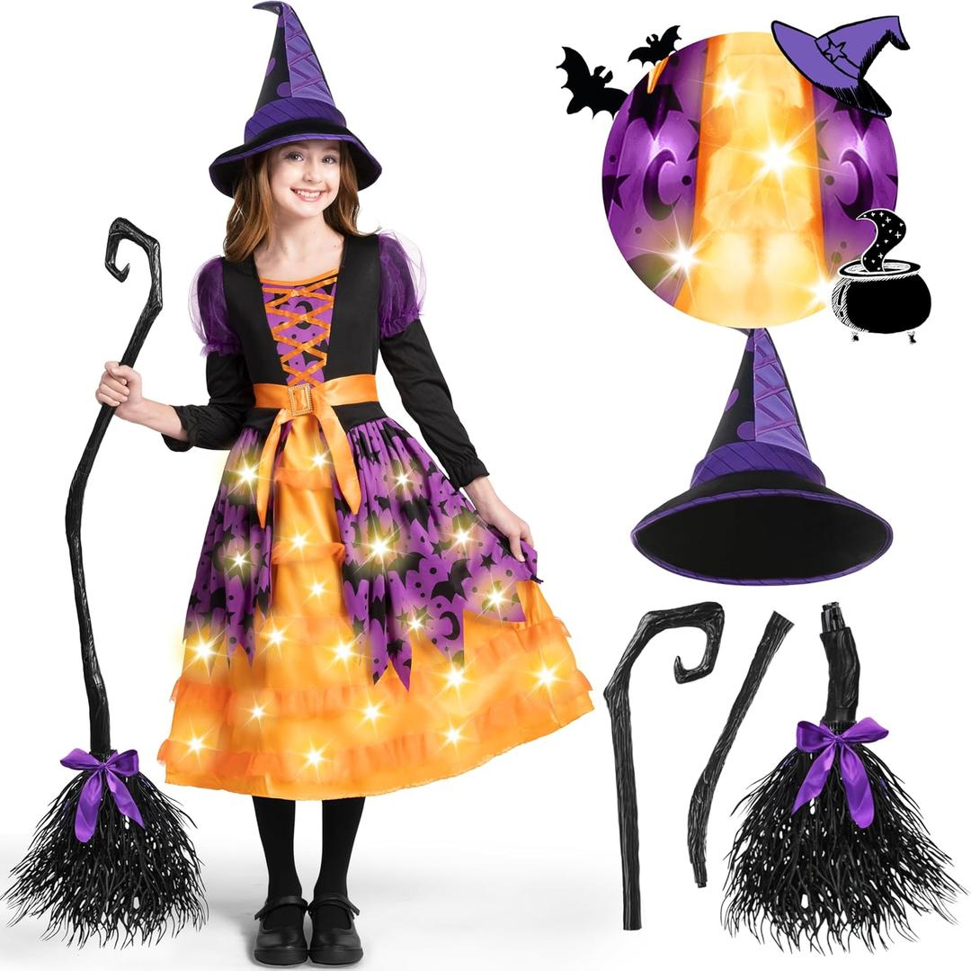 Spooktacular Creations Girls Light Up Bat Witch Tutu Costume, Toddlers Dress with Hat Broom for Kids Halloween Themed Parties (Medium (8-10 yrs), Purple)