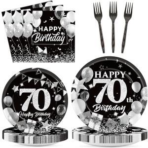 OBUSATT 96PCS 70th Birthday Party Supplies - Black & White Silver 70th Happy Birthday Paper Plates, Napkins, Decorations, Dinnerware, Party Favors, Serves 24