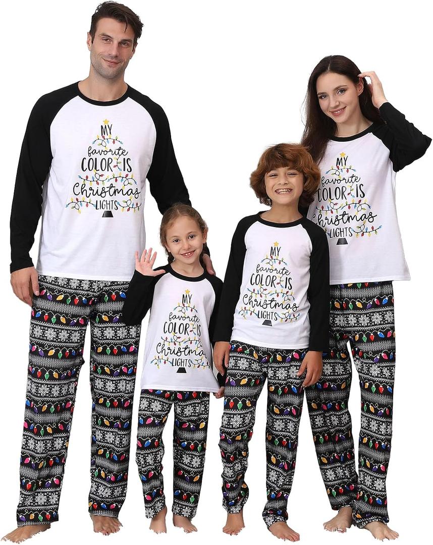 ANGELGGH Family Pajamas Matching Sets, Cute Christmas Printed 2 Piece Sleepwear, Holiday PJs Jammies for Couples/Women/Men (Large, Stripe Light String)