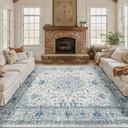 Area Rugs Square 8ft Washable Non-Slip, Floral Vintage Distress Print Pattern Medallion Carpet for Living Room Bedroom Dining Room, Light Blue Navy Beige Gray White