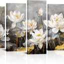 Derkymo Large Lotus Flower Canvas Wall Art Gray and Gold Painting Prints Elegant Floral Picture for Living Room (L:60 H:32)