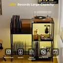 Record Player Stand with LED Light, Turntable Stand with Vinyl Storage for 300+ Albums, 3-Tier Media Cabinet with Adjustable Shelf, Mesh Fences & V-Shaped Holder, for Living Room & Bedroom