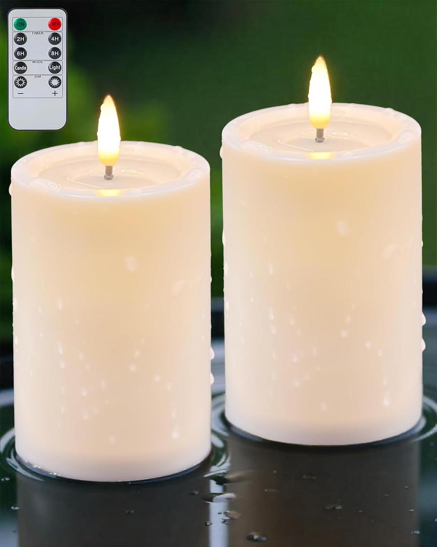Gmnee 3"x4" Outdoor Waterproof Flameless Candles with Remote and Timers, LED Candles, Battery Operated Candles, Electric Fake Pillar Candles for Patio, Porch, and Lanterns Decor (Ivory, Plastic)
