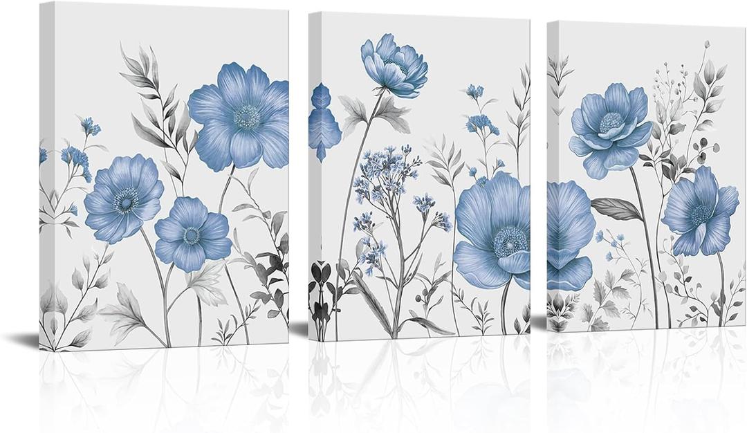 sechars Blue Flower Canvas Wall Art Vintage Floral Painting Pictures Decor Modern Blue and Grey Bedroom Bathroom Decoration (Blue), 12"x16"
