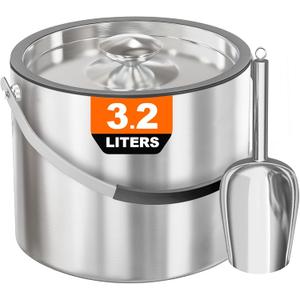 3.2L/3.4QT Insulated Ice Bucket with Silicone Lid, Tongs & Strainer, Double Wall Stainless Steel Ice Bucket for Parties and Cocktail Bar, Upgraded Silicone Cover Keep Ice Frozen Longer (Silver)