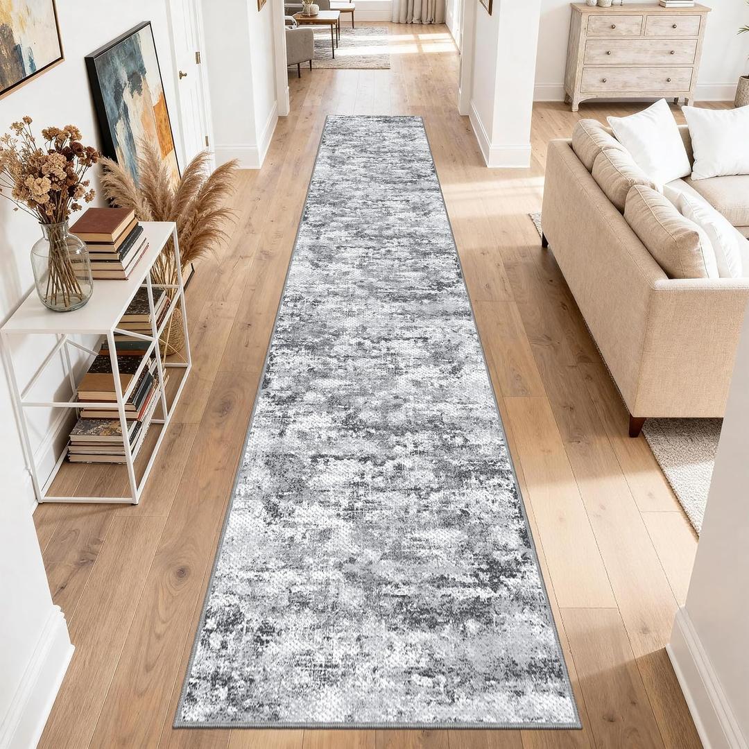 Washable Carpet Runners for Hallway 14ft-Non Slip Floor Runners for Dogs, Abstract Hallway Runner Rug with Silicone Backing, Stain Resistant Rug for Indoor High Traffic,2.6x14,Gray