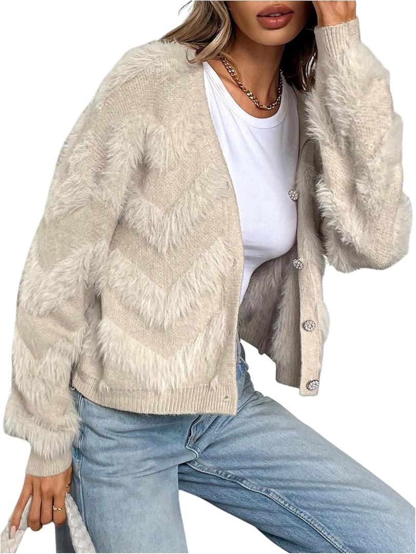 Women's Faux Fur Cardigan Sweaters Fuzzy Button Up Sweaters Long Sleeve V Neck Knit Top Outerwear (M)