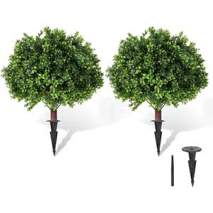 LadyRosian Artificial Boxwood Topiary Tree, 25 Inch 2 Set Outdoor Faux Boxwood Bush Plants, Indoor Ball Trees with Ground Spike, Fake Potted for Home Front Porch Decor Outside Garden
