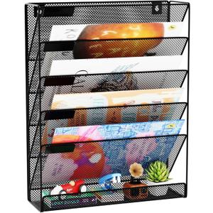 Wall File Organizer Holder Mesh Hanging Paper Document Holder,Vertical 6 Pocket Tier for Office Home, Black