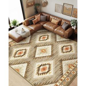 Area Rug 8x10 Rug Machine Washable Non-Slip Low Pile Print Pattern Western Rug for Living Room Bedroom Entryway Tribal Series -Cream/Camel
