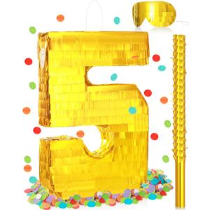 Sratte Piñata Birthday Party Decorations Gold Foil Piñata with Stick Blindfold Confetti for Boy Girl Birthday Anniversary Celebrations Fiesta Supplies(Number 5)