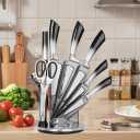 Knife Set Stainless Steel Cleaver Knives Set with Rotatable Acrylic Storage Block Sharpener Sharp Cutlery Kitchen Knife Block Set Chef Cooking Cutting Knives (Black)