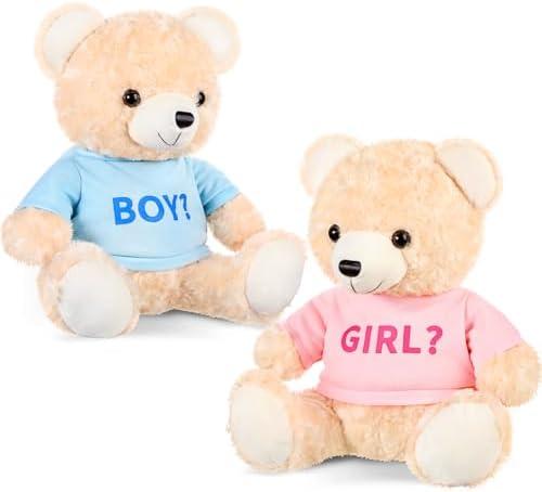 Hollowfly 2 Pack Boy or Girl Bears 14 Inch Blue and Pink Plush T-Shirt Bears Toy for Gender Reveal Baby Shower Decoration
